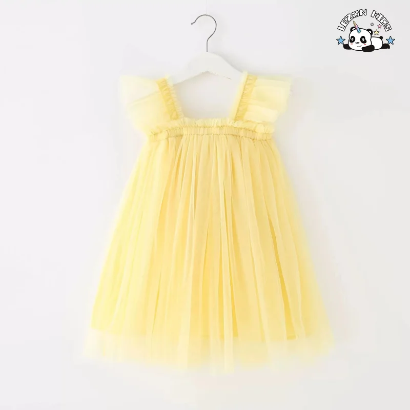 LEZONKIDS - ODM Custom Tulle Princess Dress Baby Girls Solid Pattern Ruffle Decoration Summer Woolen Fabric Dress